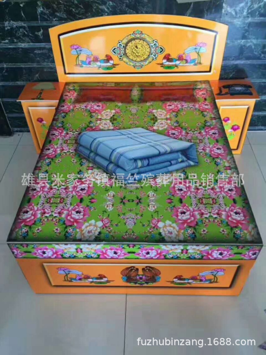 福竺殡葬用品批发泡沫纸活纸扎新款彩印双人床大床铺带床柜