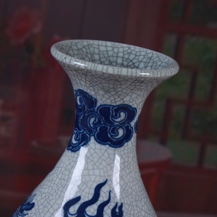 仿古开片裂纹釉青花瓷龙纹玉壶春瓶插花摆件 中式复古陶瓷装饰品