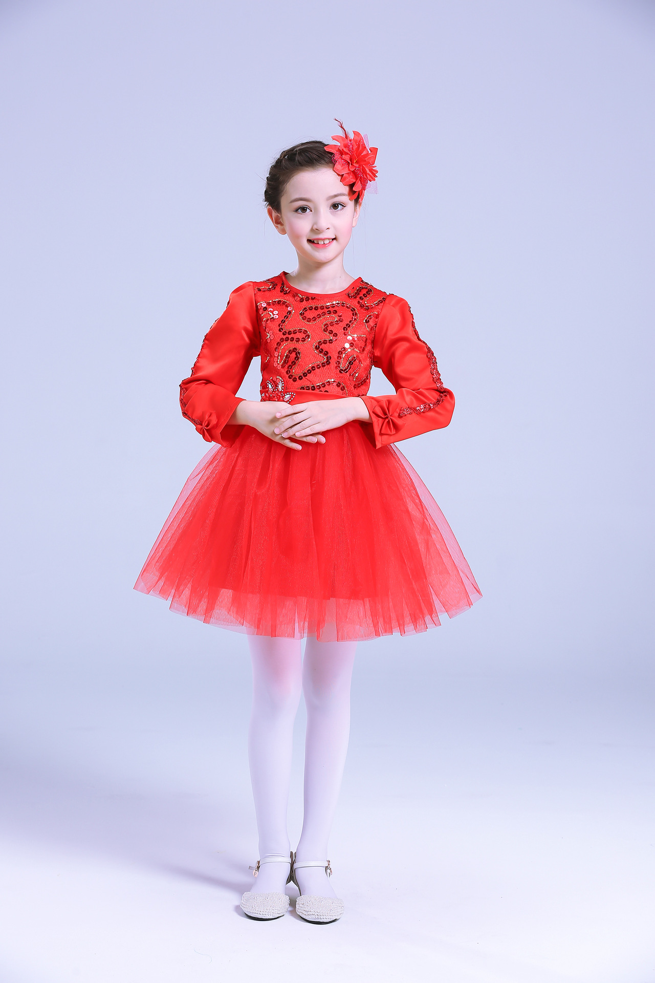 元旦儿童喜庆演出服女童礼服合唱服长袖公主裙蓬蓬纱裙表演服装冬
