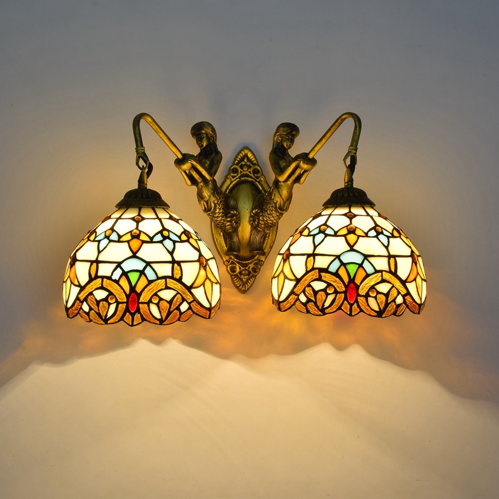 欧式复古美人鱼走廊双头壁灯巴洛克彩色玻璃客厅餐厅酒吧琉璃灯