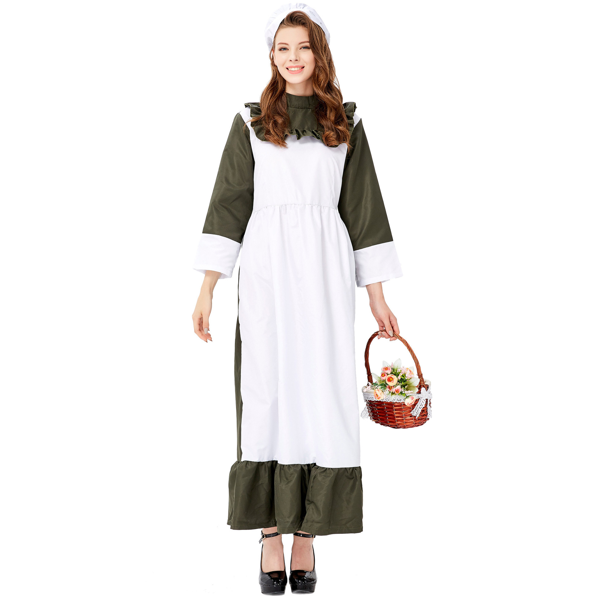 欧美农庄女佣 墨绿色厨娘服装 女仆厨师装扮 农场庄园舞台演出服