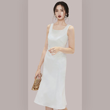 泰国潮牌白色法式气质优雅方领鱼尾裙摆中长款连衣裙女 65136
