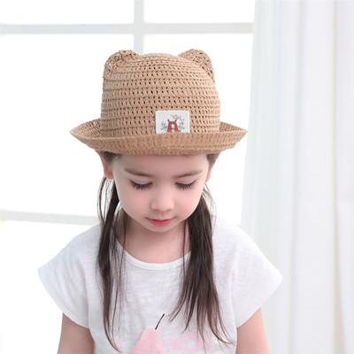 外贸原单工厂特种编抱花熊儿童草帽儿童春夏帽遮阳帽宝宝帽子童帽