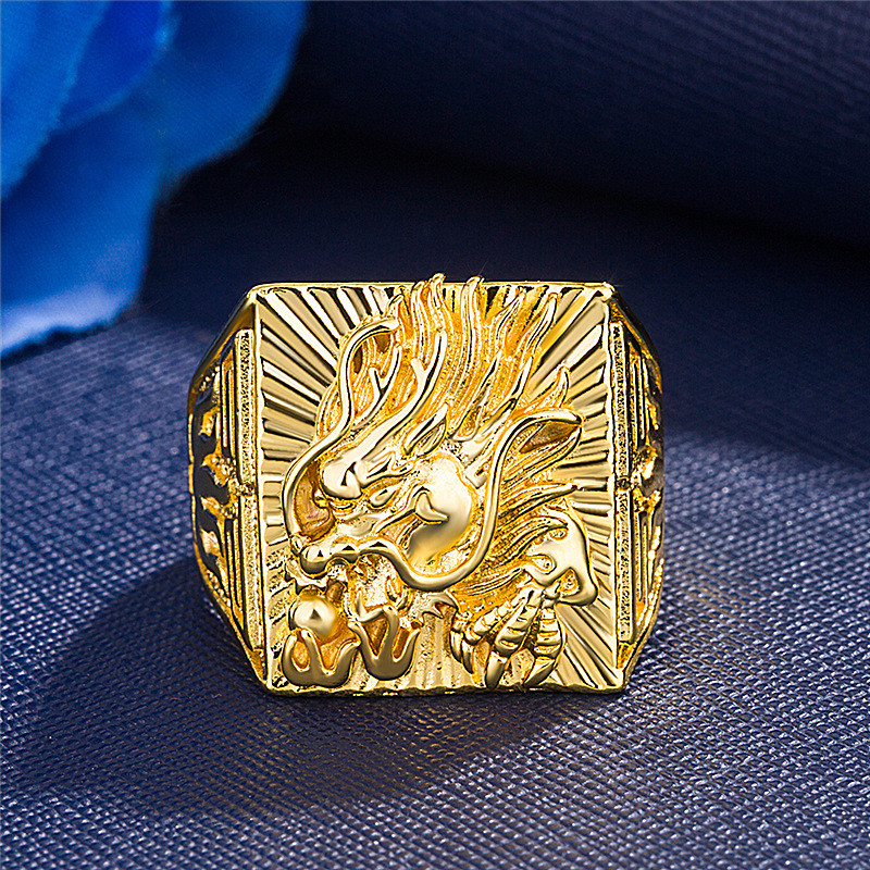 复古3d龙头浮雕霸气男士开口戒指 镀金霸王龙头戒指环直销