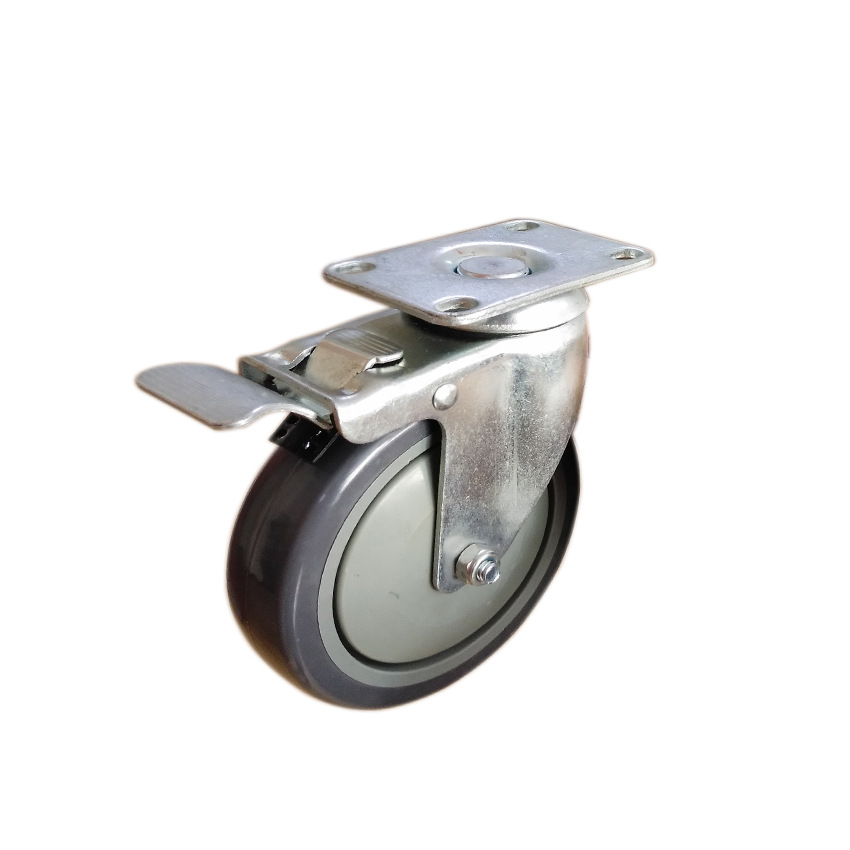 双排钢珠源头厂家万向轮出口工具车5寸平板刹车轮pu轮子载重125kg