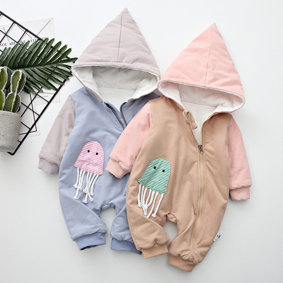 婴儿冬季新款棉长袖拉链式爬服连帽拼接水母造型宝宝连身衣童装