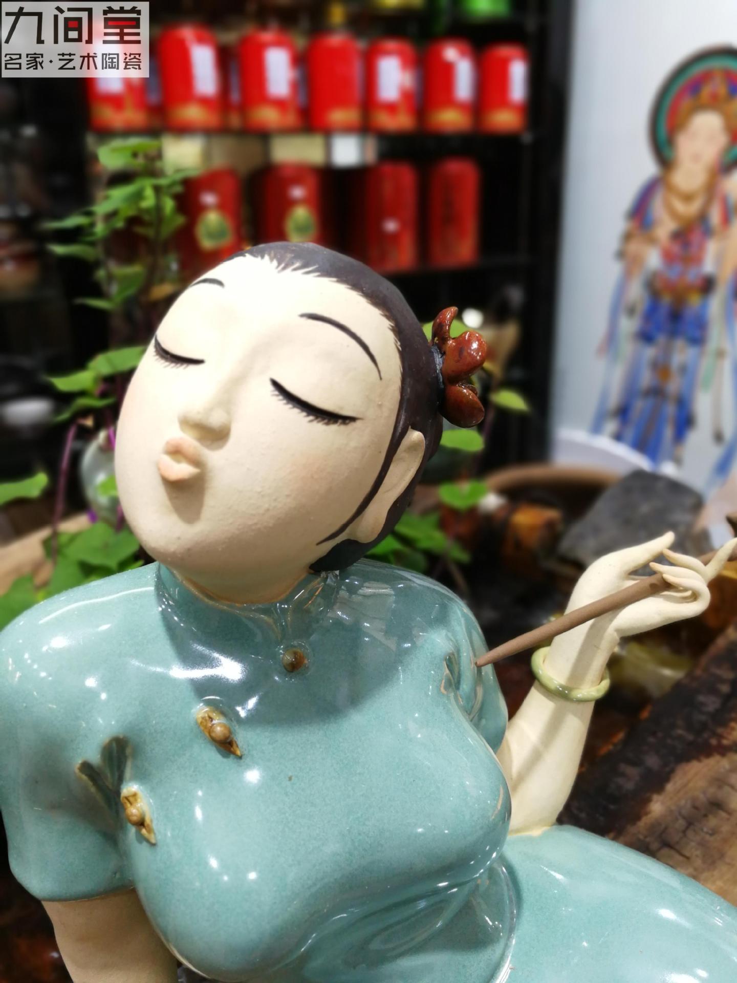抽烟美女民国风格摆件石湾陶瓷公仔客厅玄关会所装饰新中式礼品