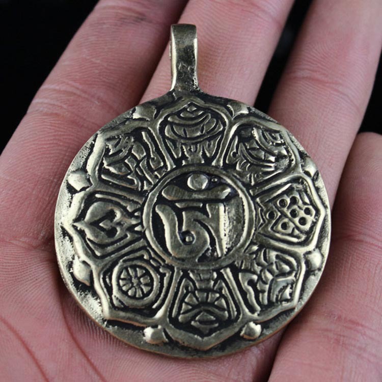 西藏法器尼泊尔手工黄铜九宫八卦图牌吉祥八宝藏式腰牌佛牌批发