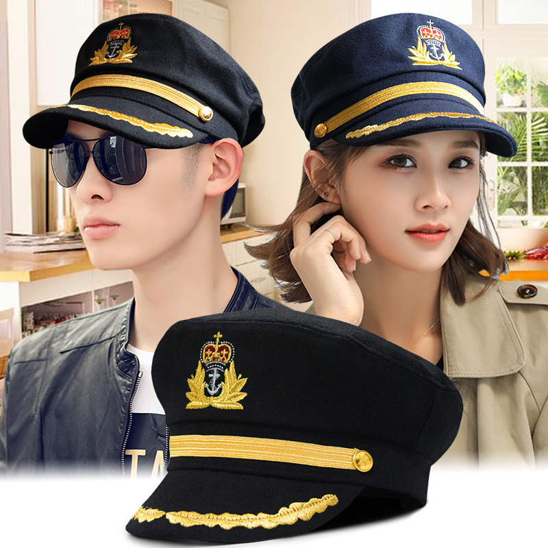金线麦穗刺绣船长帽 男女秋冬毛呢复古海军帽 英伦帽可调节平顶帽