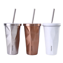 香港ctapstar菱形双层不锈钢吸管杯简约风格咖啡冷饮车载水杯