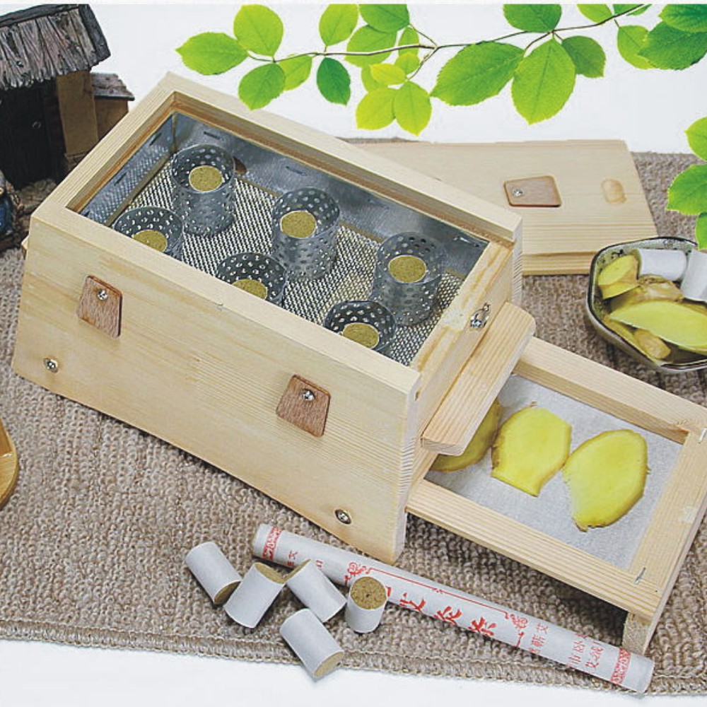 实木艾灸盒6柱艾炙隔姜仪网槽隔姜艾灸箱六孔宫寒腹部随身灸木盒