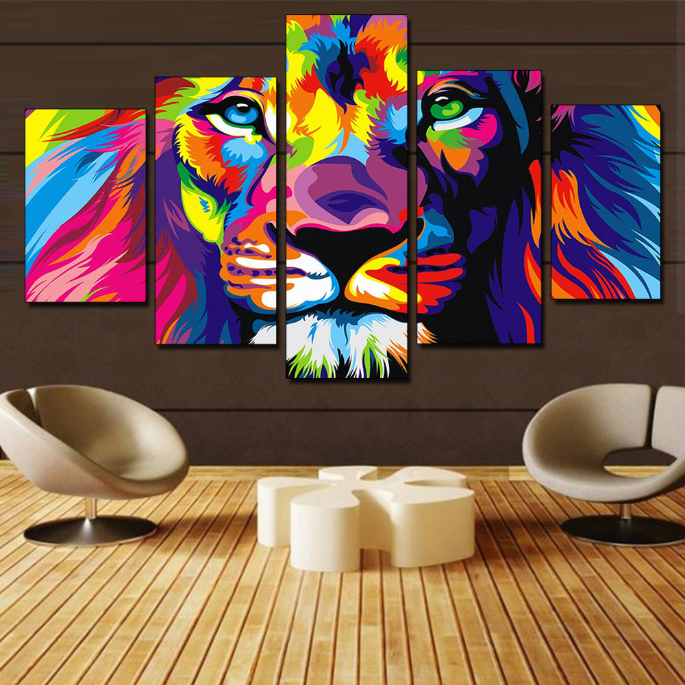 高清抽象现代家居装饰帆布喷绘油画酒店墙画五联彩色狮子跨境货源