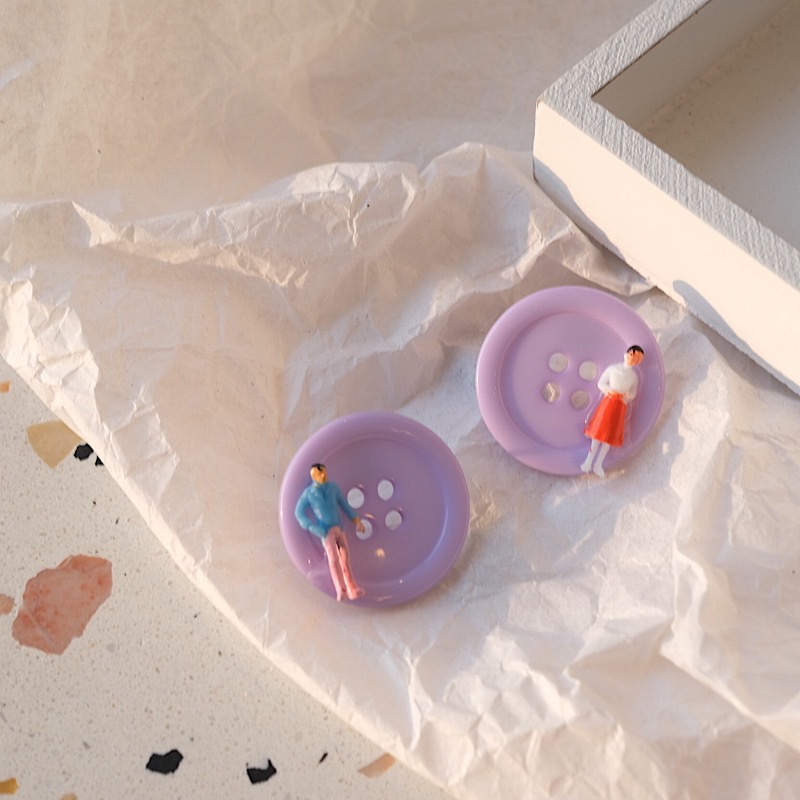 日常百搭可爱彩色纽扣小人耳钉趣味搞怪耳环复古夸张耳夹s925银针