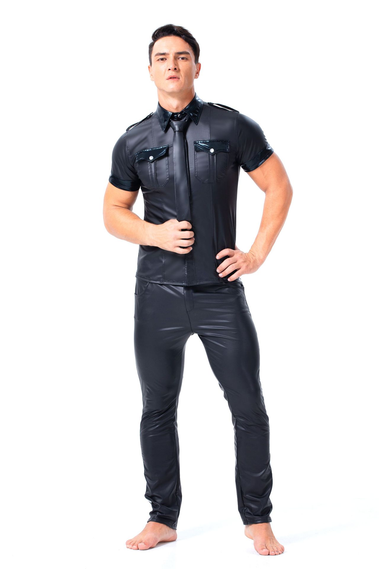 厂家直销外贸欧美情趣内衣男漆皮表演服衬衫上衣皮款制服诱惑6037