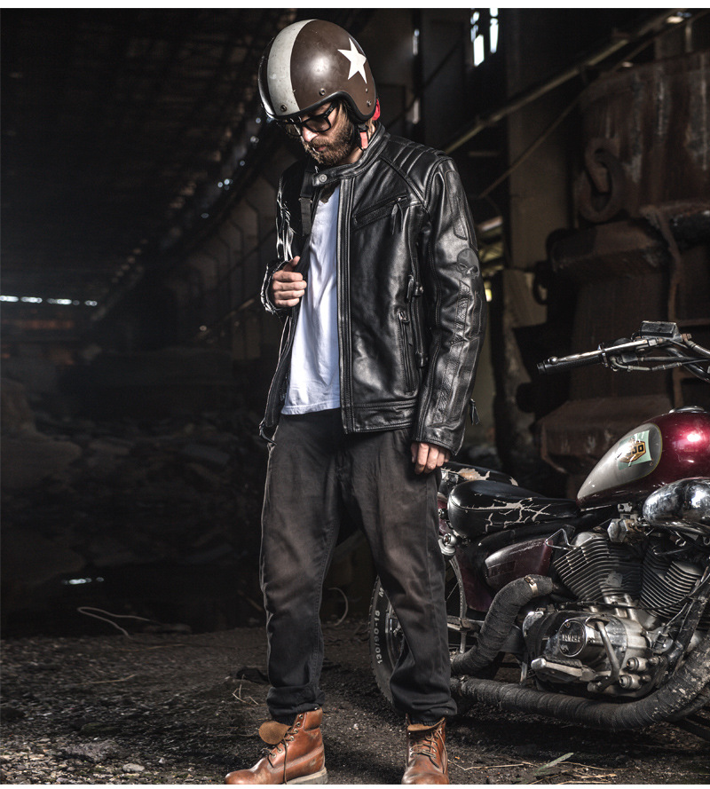 哈雷机车皮衣男头层牛皮摩托车骑行机车服骷髅头反光真皮夹克欧版