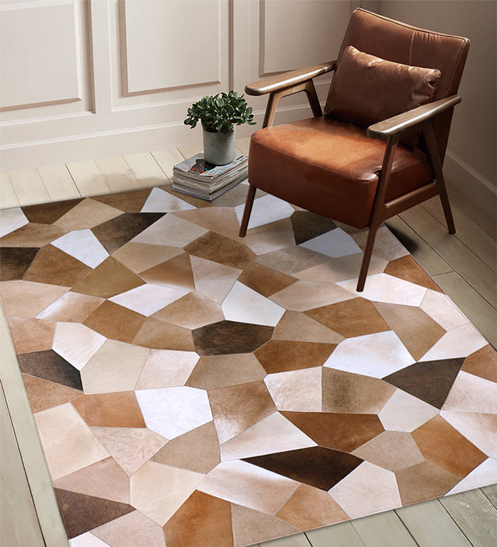 定制牛皮拼接地毯手工缝制客厅样板房真牛毛皮格子拼块不规则地毯