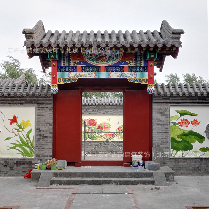 中式彩绘垂花门楼庭院古建木制仿古门楼北京四合院门头装饰厂家