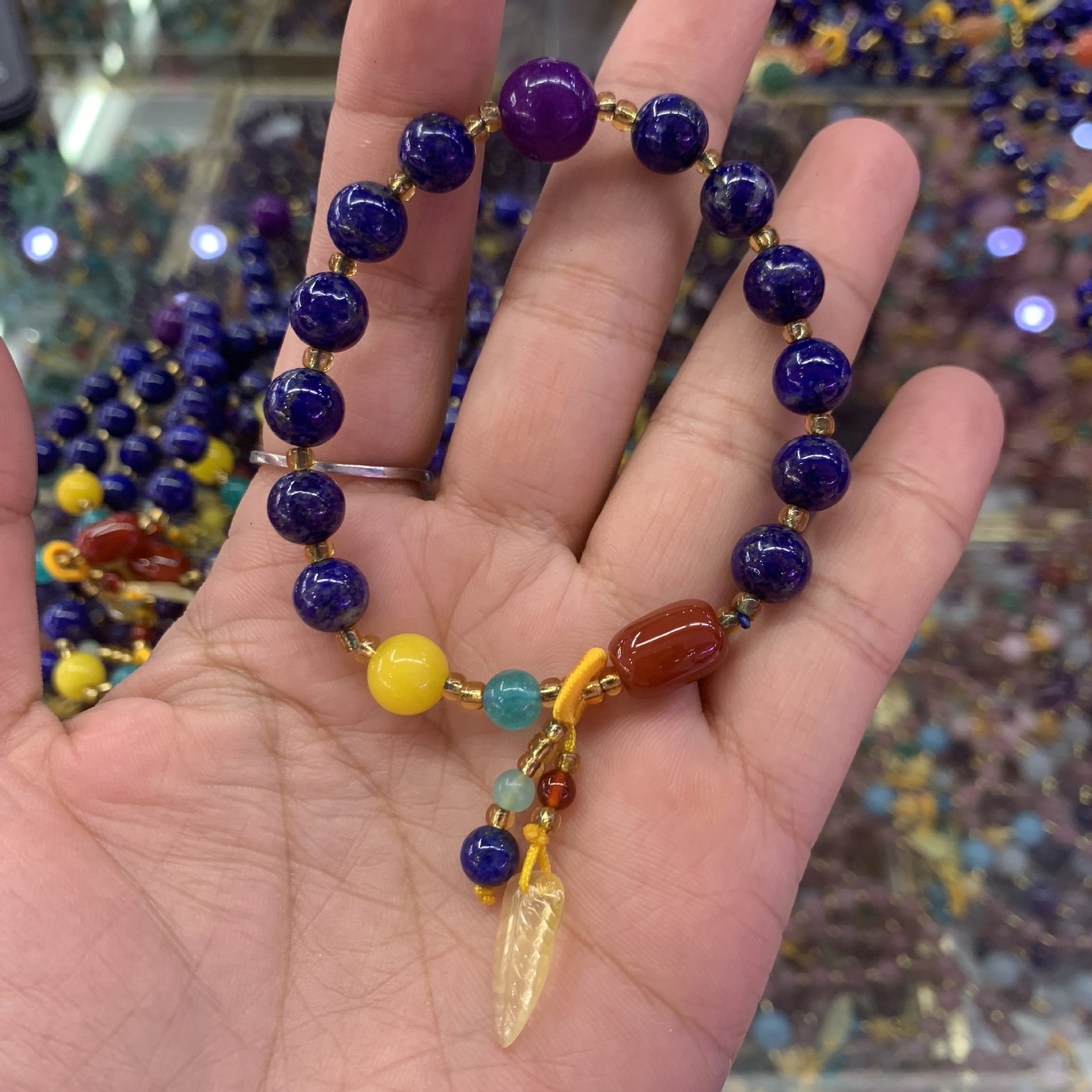 青金石diy手串8-9mm 搭配蜜蜡天河石黄玉髓红玛瑙 原创手串批发