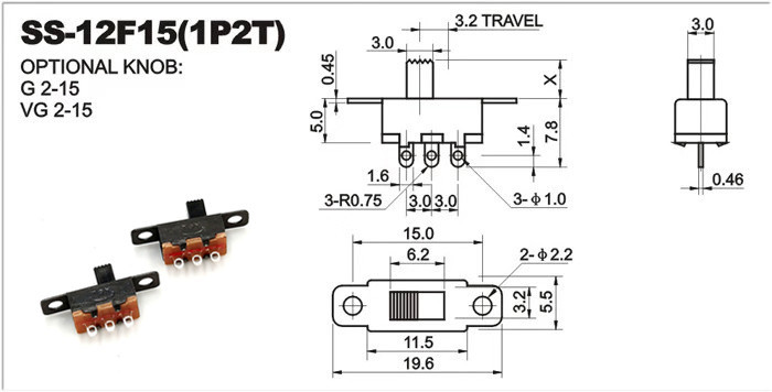 ss12f15 手柄5mm ss-12f15三脚 拨动滑动开关 1排2档3脚 拨动开关