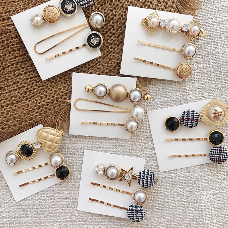 Japan and South Korea Internet Hot Ins Popular Three-Piece Barrettes Plaid Pearl Button Bang Side Clip Factory Direct Sales