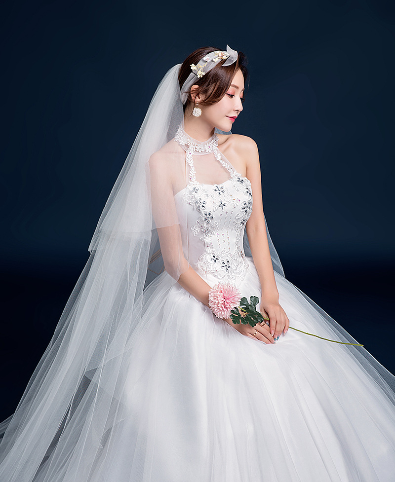 新娘结婚挂脖齐地婚纱时尚韩版婚纱礼服亮片白纱影楼拍照主持1922
