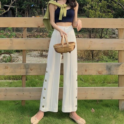 时尚高腰喇叭休闲长裤女装2019春夏新款chic宽松侧开叉扣子阔腿裤