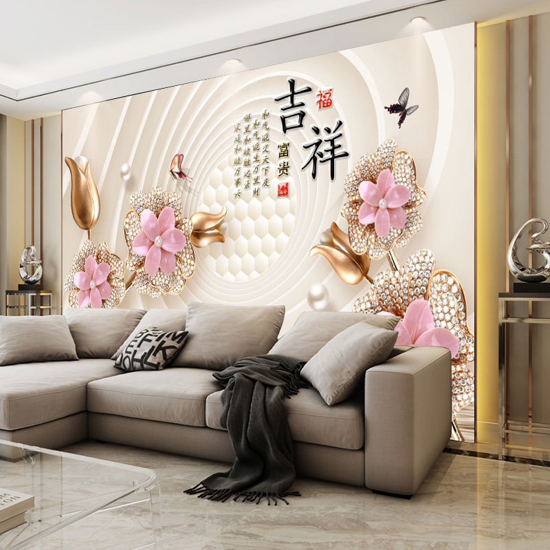 电视墙3d立体壁画吉祥富贵6d珠宝钻石天鹅墙布简约时尚墙纸壁布