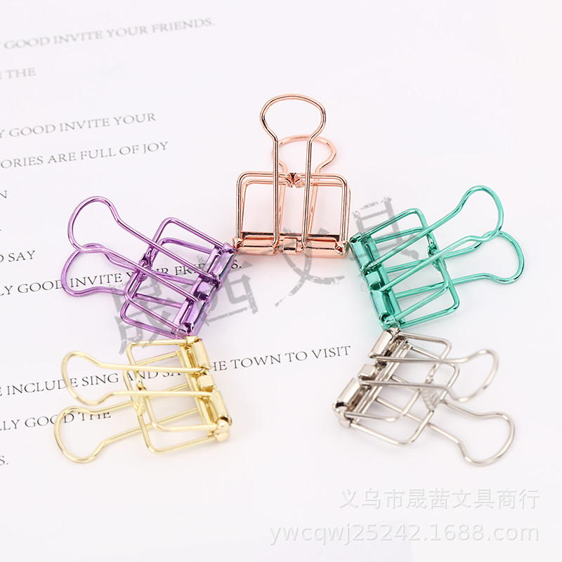 Cross-Border Creative Bright Color Electroplating Hollowed out Long Tail Clip Rose Gold Binder Clip Color Hand Account Ticket Holder Small Medium Large
