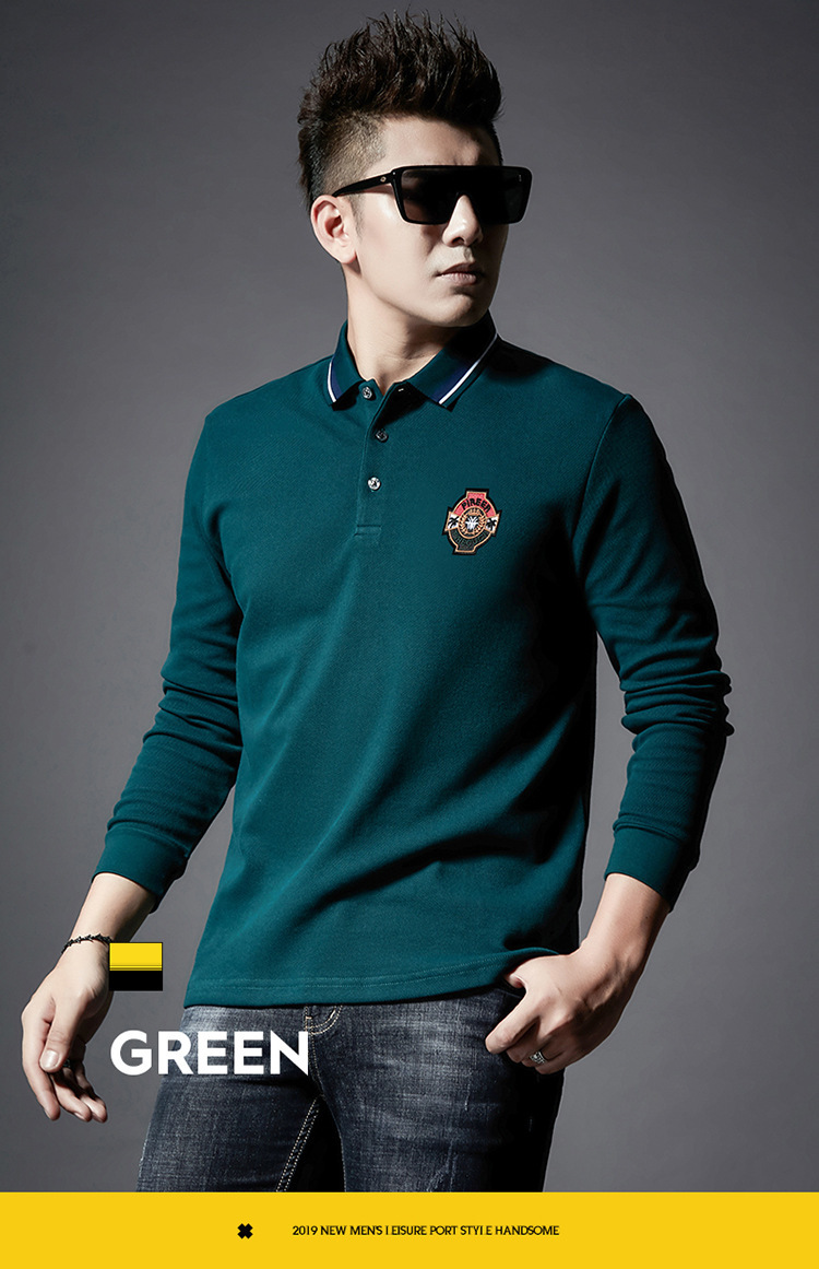 秋季男士新款长袖t恤商务休闲男装纯色绣标图案polo衫翻领体恤衫