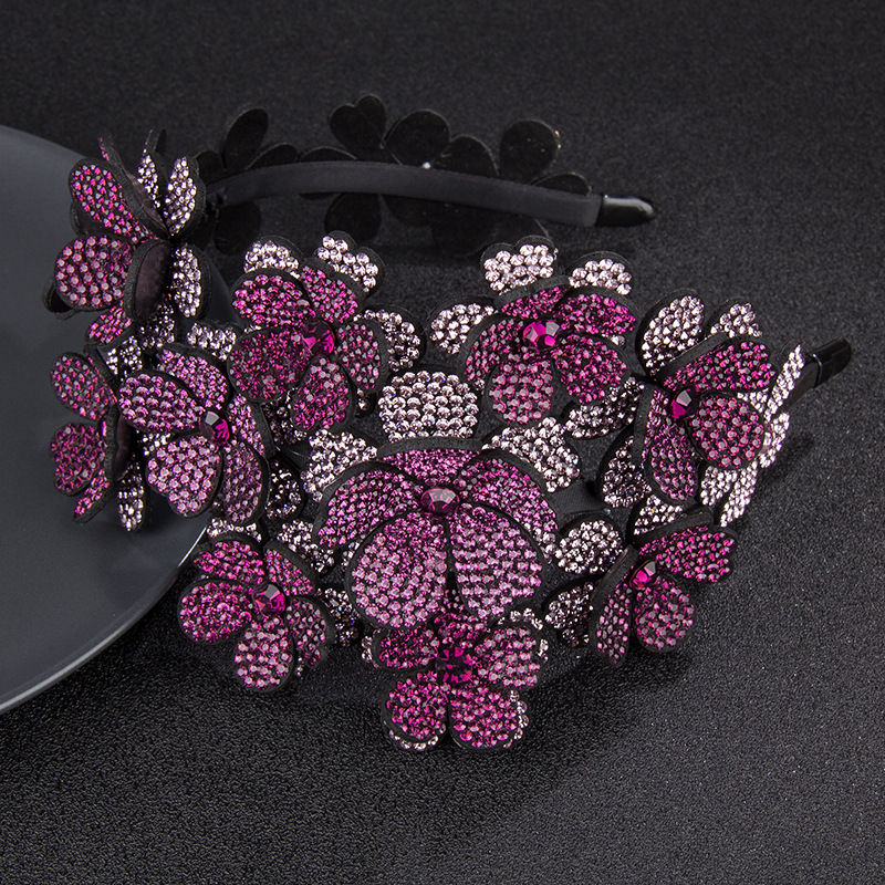 Headband Women's Three-Dimensional Flower Wide-Edge Rhinestone Large Headband High-End Rhinestone-Encrusted Color Non-Slip Hairpin Mori Style Hundred Flowers Headdress