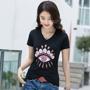 新款短袖t恤女时尚修身韩版手工钉珠眼睛亮片大码百搭打底衫3217