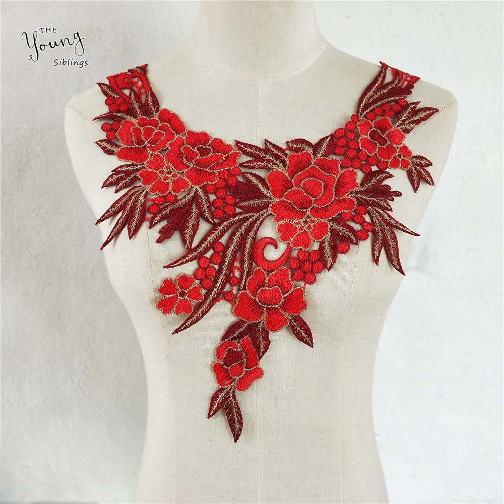 时尚diy刺绣红色蕾丝衣领立体花朵连衣裙t恤服装蕾丝贴花配件批发