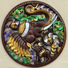 泰国进口东南亚木雕子母象柚木雕花板壁饰泰式家居壁挂装饰工艺品