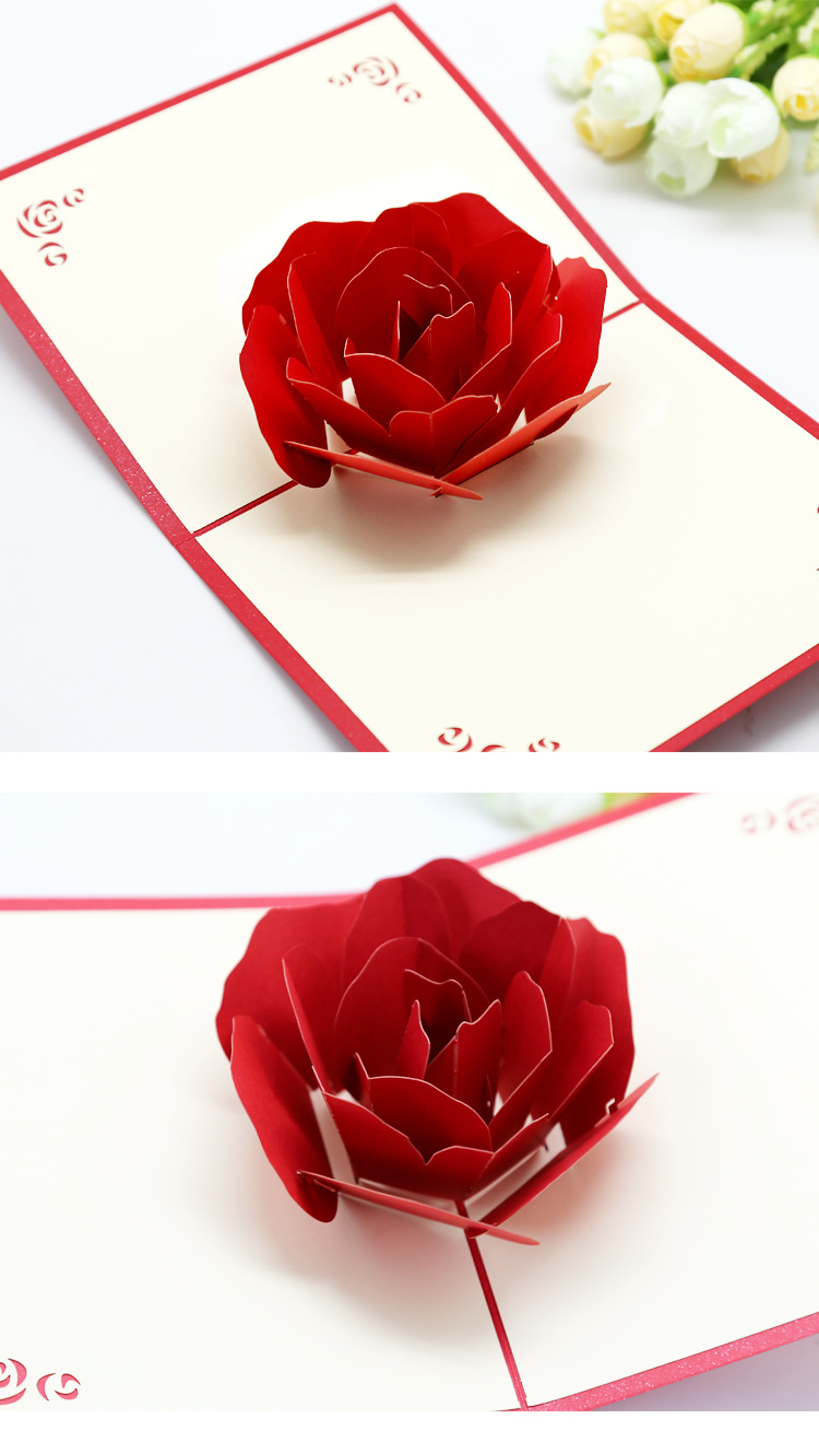 厂家供应3d玫瑰花立体贺卡情人节贺卡创意手工纸雕批发