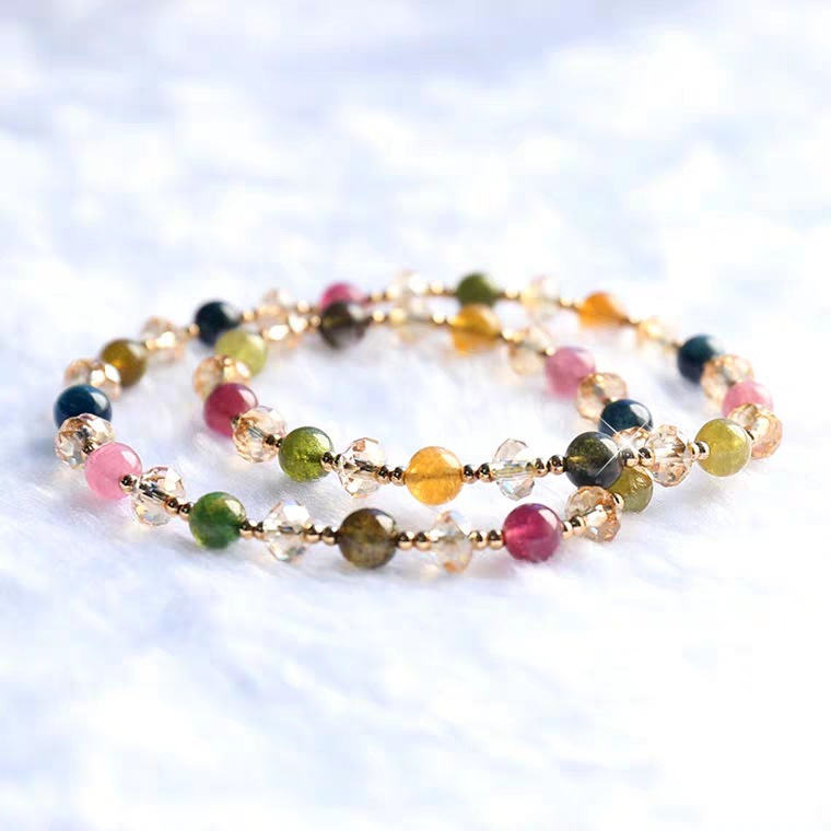 原创设计天然碧玺奥地利水晶两圈手链旺夫石百搭气质直播手串女