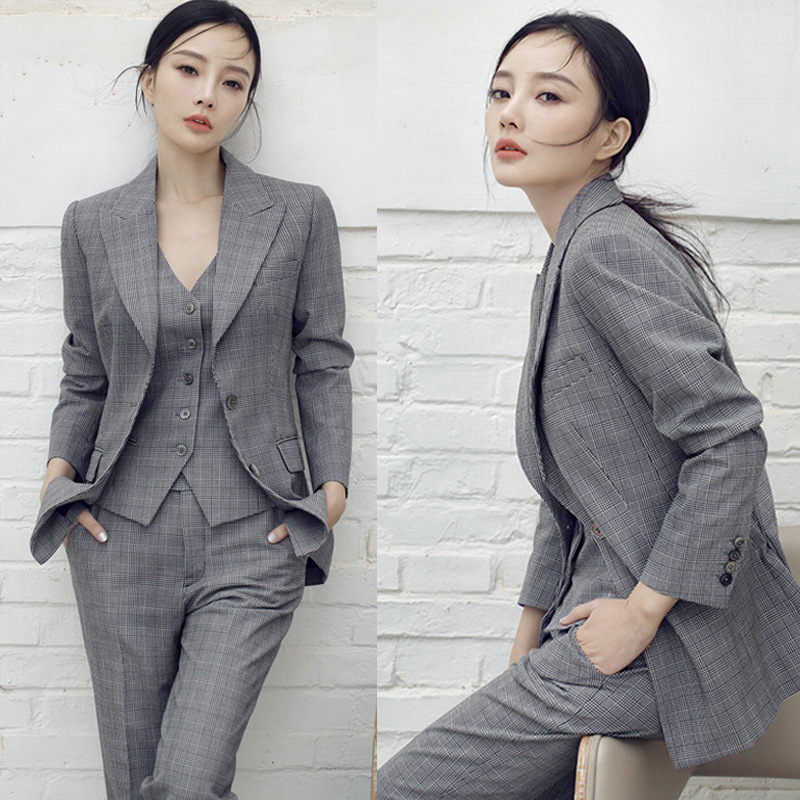 新款明星同款李小璐英伦格子三件套小西装外套女职业装西服外套