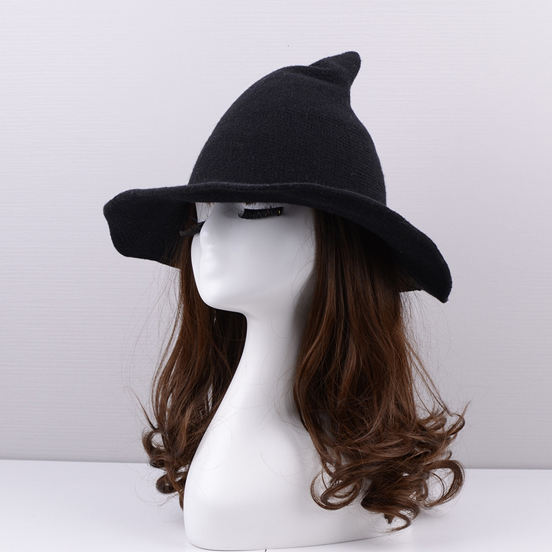 万圣节新款女巫尖尖帽秋冬羊毛可折叠帽子女潮针织尖顶魔法帽子