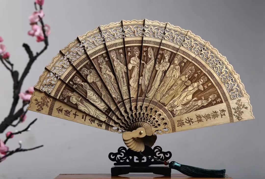 批发金丝楠木木质扇子镂空工艺全木扇折扇带底座工艺品