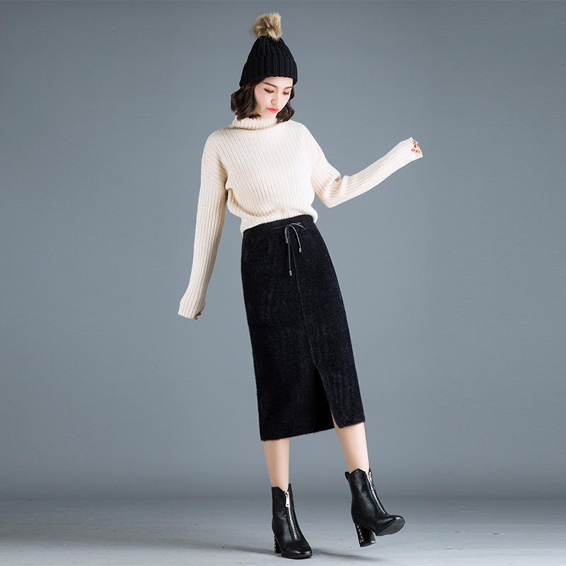仿水貂绒黑色毛线裙子包臀裙针织半身裙秋冬女高腰中长款包裙裹裙