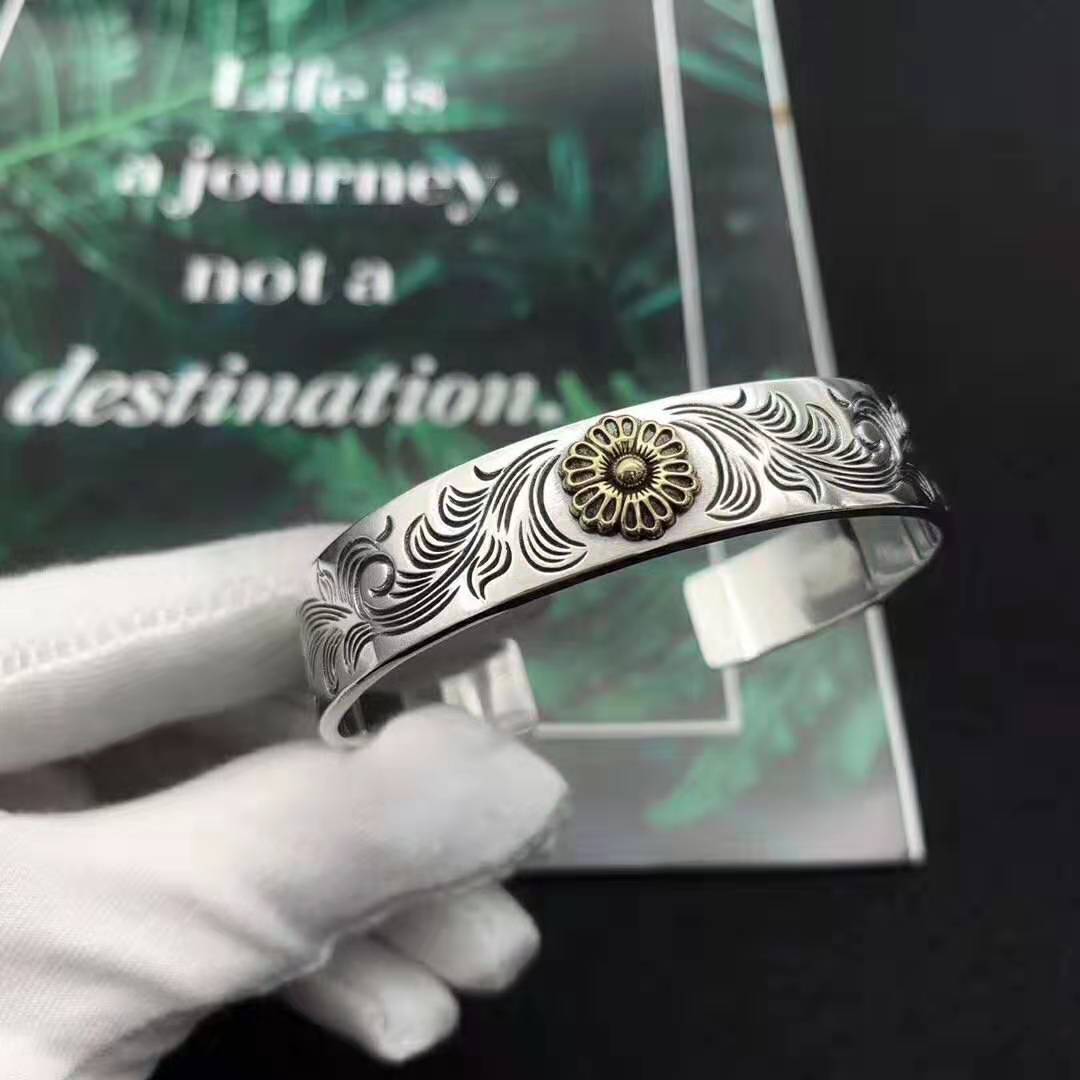 纯银高桥吾郎精雕蔷薇唐草纹手镯 男个性潮人复古手环时尚民族风