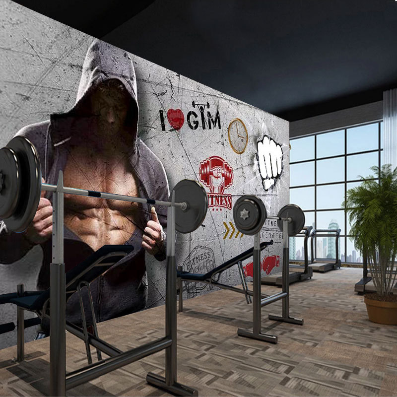 定制工业风复古健身房墙纸肌肉男时尚海报壁纸拳击搏击运动壁画