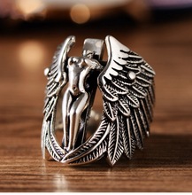 复古泰银守护天使个性十字架夸张翅膀戒指镀s925男士霸气指环饰品