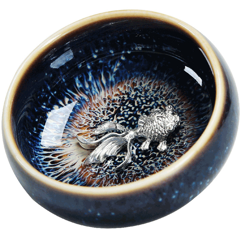 景德镇建盏陶瓷茶杯镶银主人杯天目釉茶碗窑变功夫茶具品茗杯批发