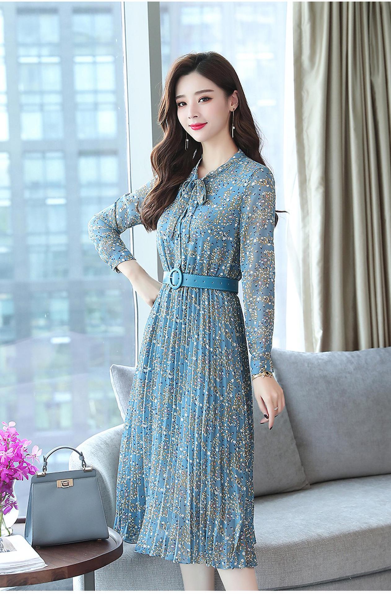 2019秋季新款女装名媛气质修身显瘦中长款系带长袖碎花雪纺连衣裙