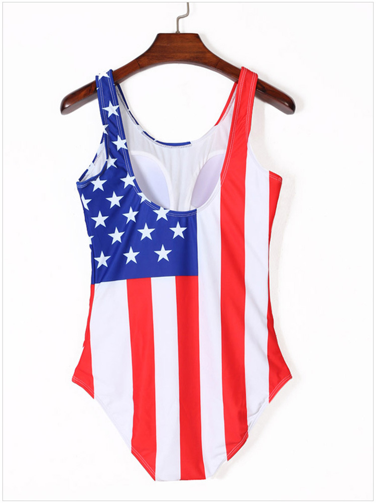 连体泳衣-迪拉蒙女气质比基尼美国国旗印花圆领无袖修身三角连体泳装