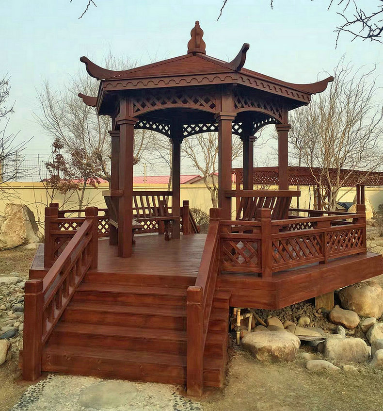 加工定制实木凉亭 防腐木六角凉亭 碳化木凉亭 花园凉亭
