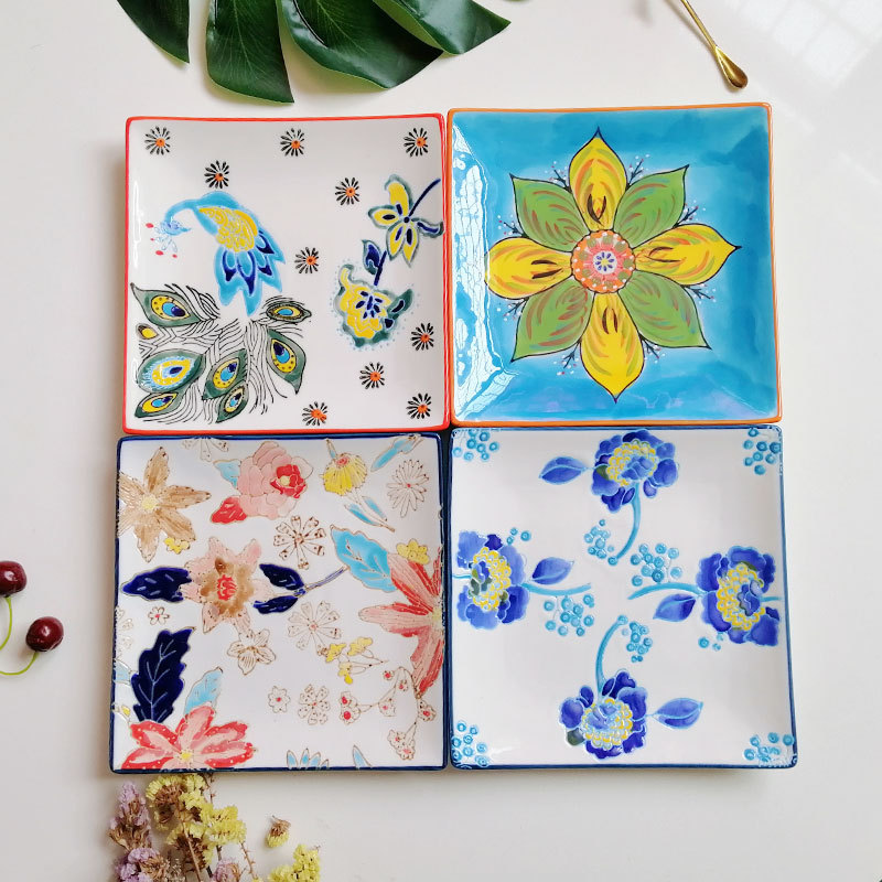 手绘精美陶瓷方盘子家用菜盘创意个性甜品零食小吃盘饭店装饰摆盘
