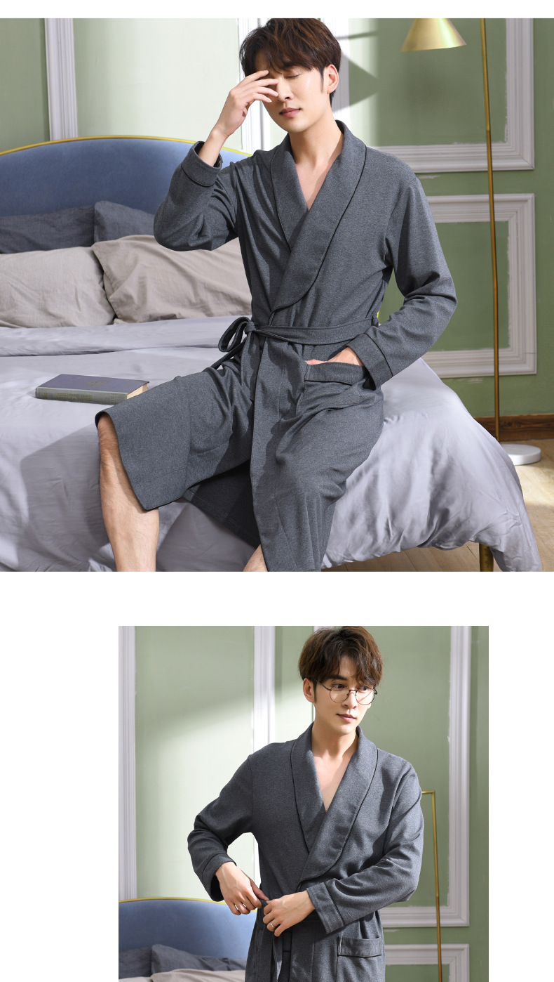 男士纯棉睡袍家居服睡衣春秋翻领全开襟中长款居家男士浴袍可外穿