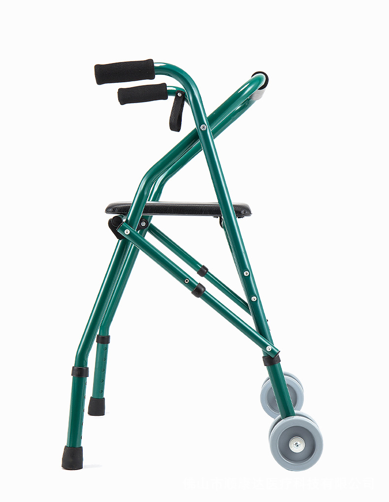 康健 老年人折叠助行器带座板老人四脚拐杖中风康复学步车助步器