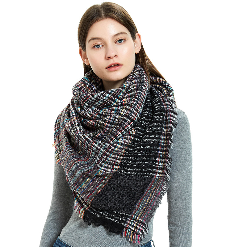 cross-border european and american autumn and winter new black bristle fine plaid square scarf square thickened tassel scarf shawl
